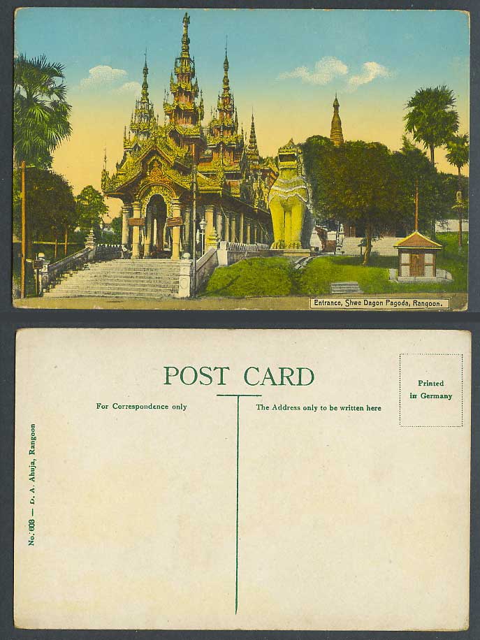 Burma Old Postcard Entrance to Shwe Dagon Pagoda, Rangoon, Temple Statue Myanmar