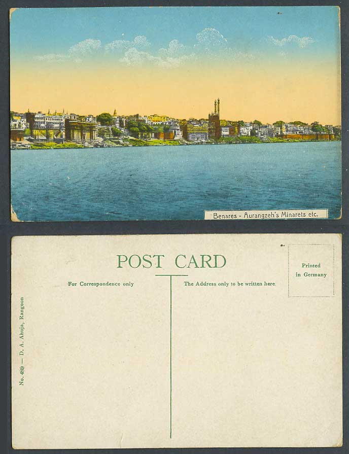 India Old Colour Postcard Benares Aurangzeh's Minarets etc, River Scene Panorama