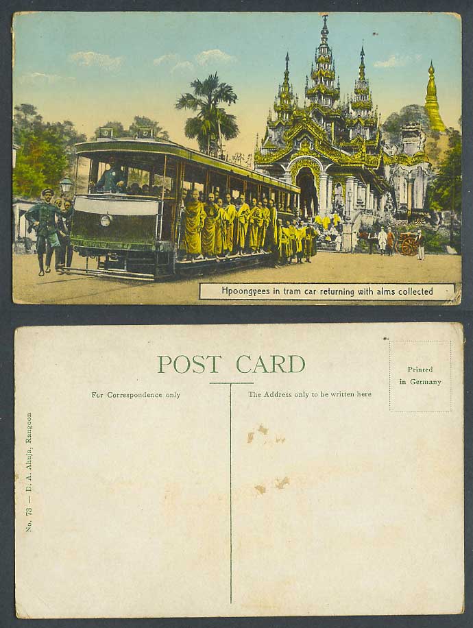 Burma Old Postcard Hpoongyees Returning with Alms Collected TRAM Car Monk Temple