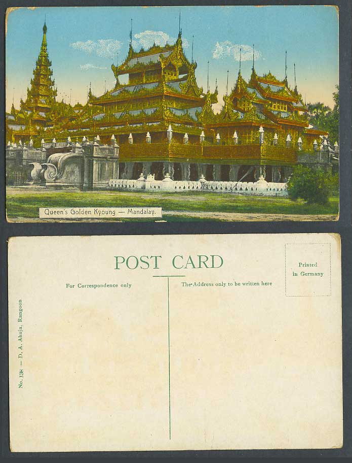 Burma Old Colour Postcard Mandalay Queen's Golden Kyoung Temple Pagoda, DA Ahuja