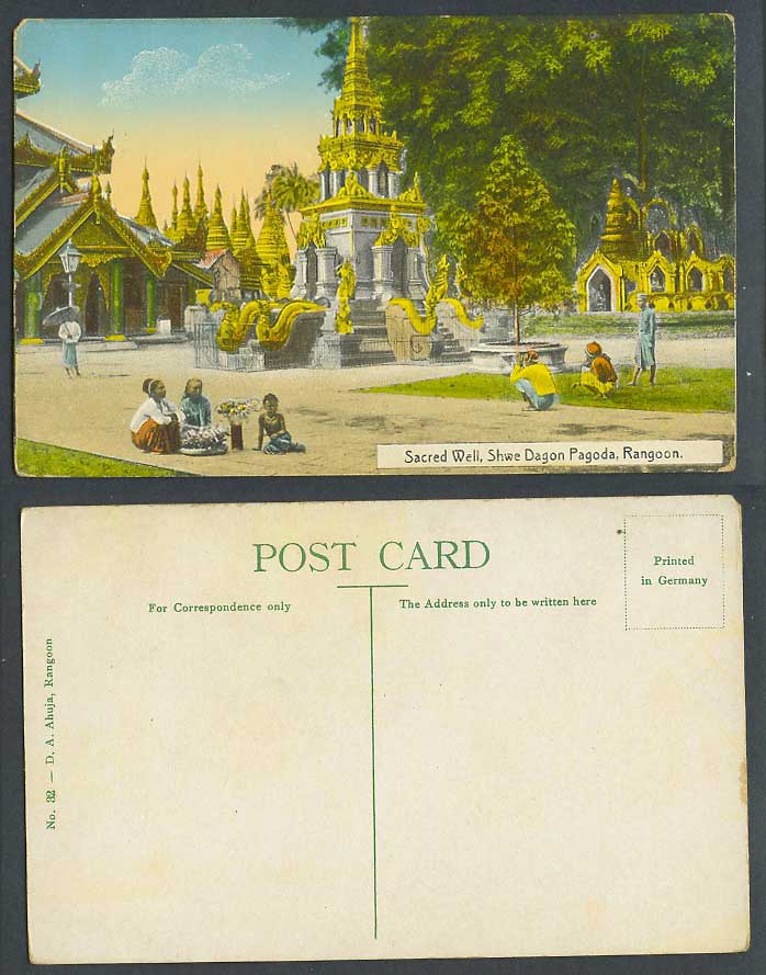 Burma Old Postcard Sacred Well, Shwe Dagon Pagoda Rangoon, Native Flower Sellers