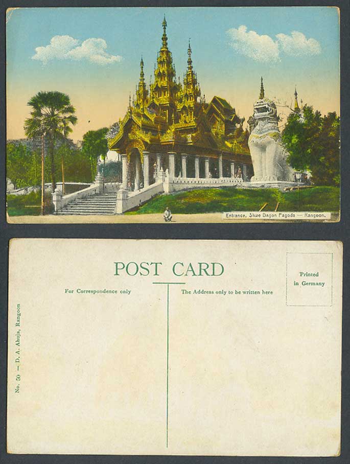 Burma Old Postcard Entrance Shwe Dagon Pagoda Rangoon Temple Palm Trees Steps 50