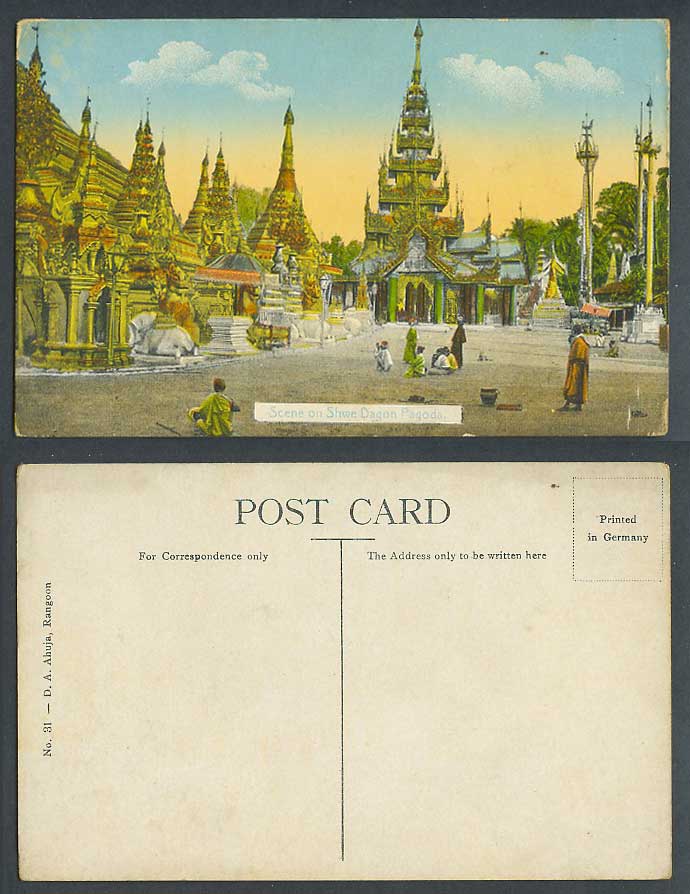 Burma Old Colour Postcard Scene on Shwe Dagone Pagoda Rangoon Burmese Temple 31.
