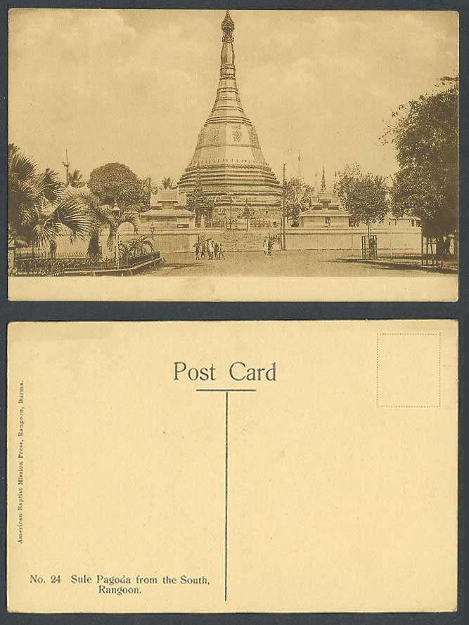 Burma Old Postcard Sule Pagoda from The South Rangoon Temple Pagoda Street Scene
