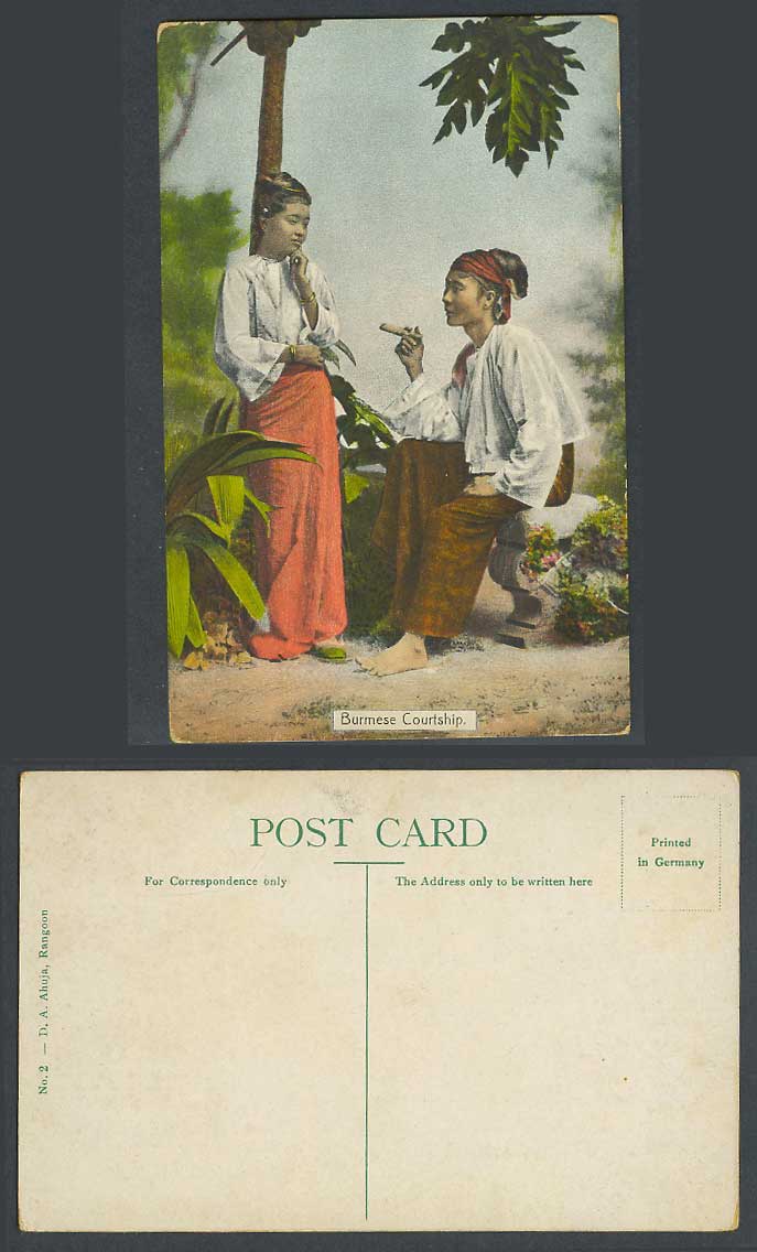 Burma Old Postcard Burmese Courtship Native Woman Man Smoking Cigar Costumes N.2