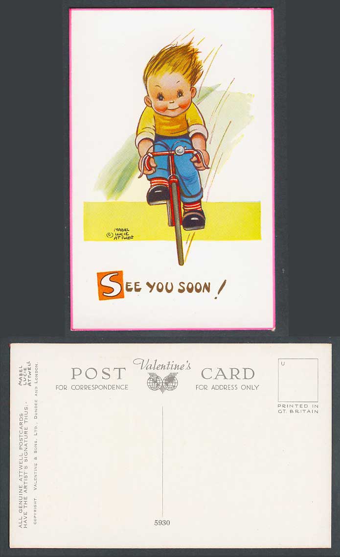 MABEL LUCIE ATTWELL Old Postcard Cyclist Boy Riding Bicycle See You Soon No.5930