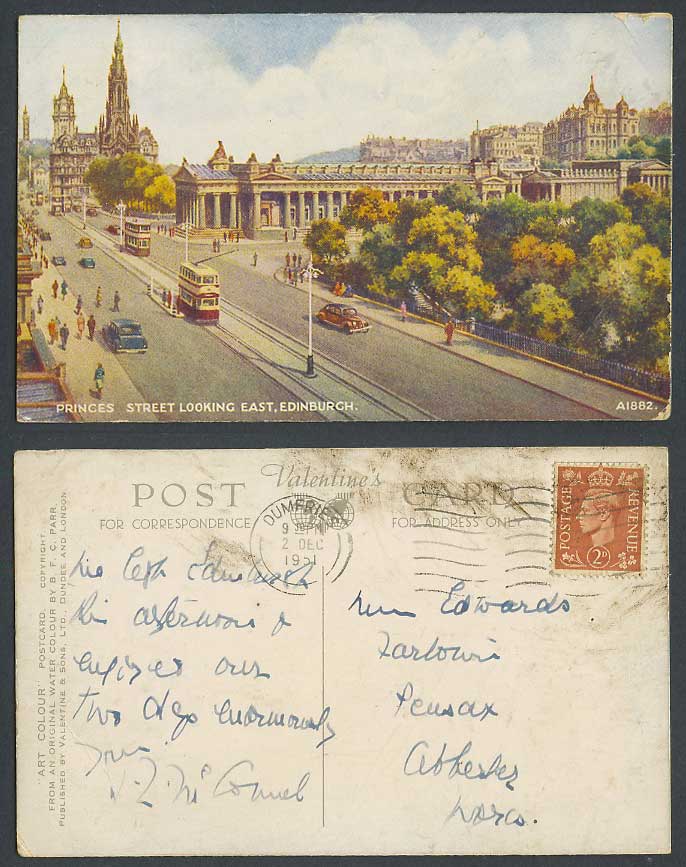 Edinburgh B.F.C. Parr 1951 Old Postcard Princes Street Scene Looking East, TRAM