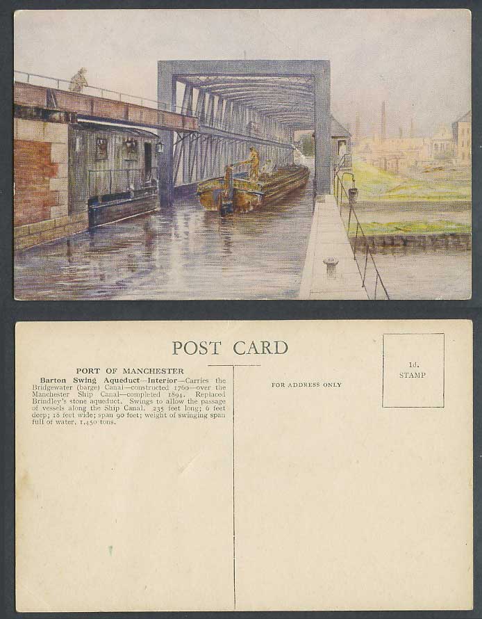 Port of Manchester In Barton Swing Aqueduct Bridgewater Barge Canal Old Postcard