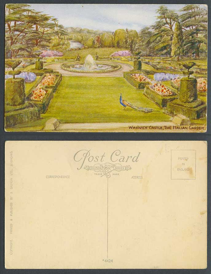 Peacock Bird, Warwick Castle, Italian Garden Fountain, Artist Drawn Old Postcard