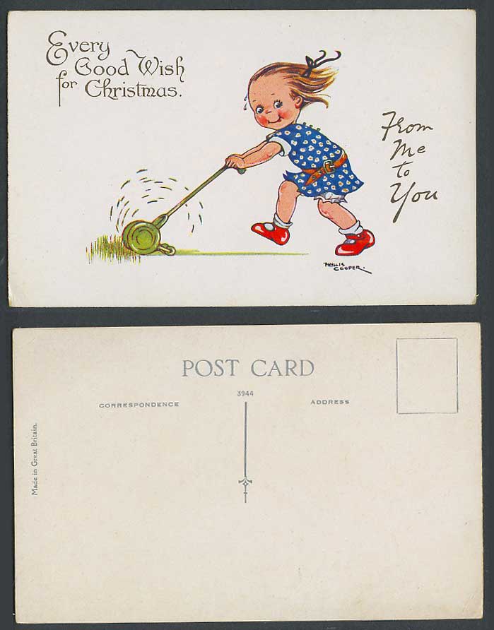 Phyllis Cooper Old Postcard Every Good Wish for Christmas From Me t U Lawn Mower