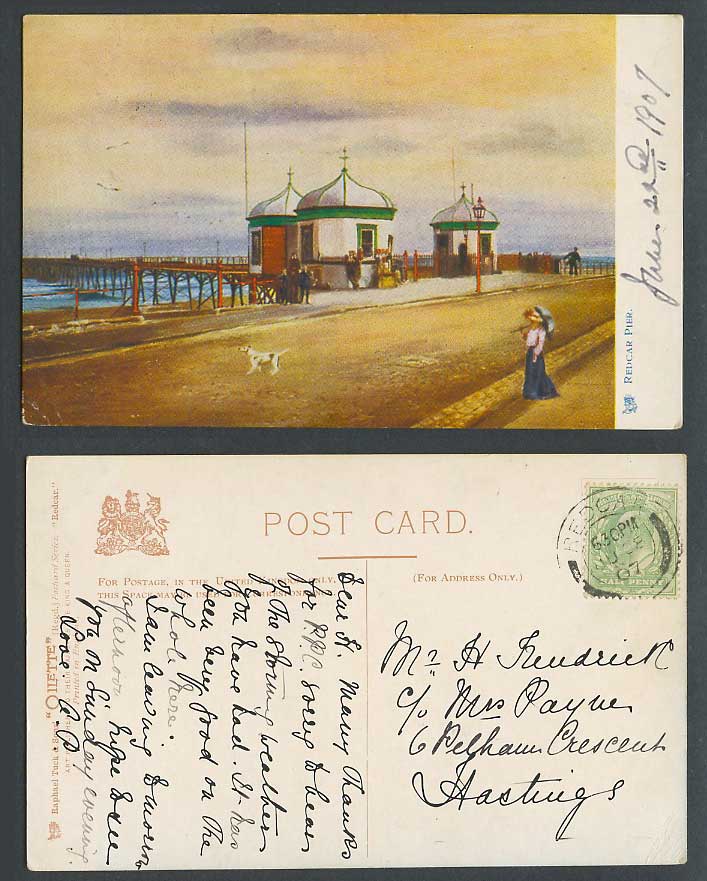 Redcar Pier 1907 Old Tuck's Oilette Postcard Dog Puppy Street Scene N. Yorkshire