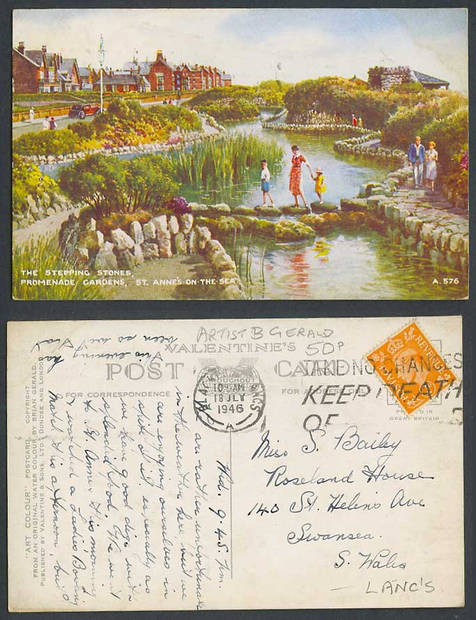 St. Anne's-on-The-Sea, Promenade Gardens, Stepping Stones 1946 Old ART Postcard
