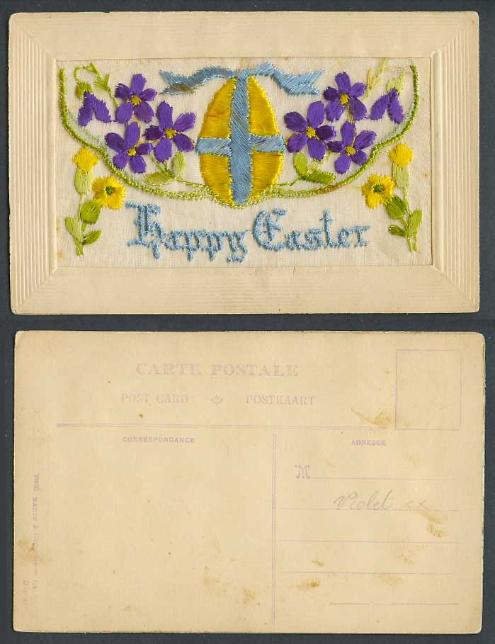 WW1 SILK Embroidered Old Postcard Happy Easter, Egg, Flowers, Knot, Empty Wallet