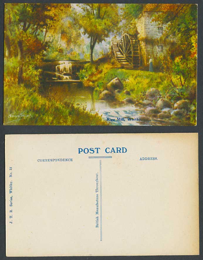 Artist Signed, Rigg Mill, Whitby, Water Wheel Falls Rocks Yorkshire Old Postcard