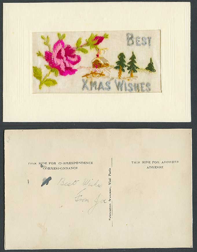 WW1 SILK Embroidered Old Postcard Best Xmas Wishes Christmas Tree Flower Cottage