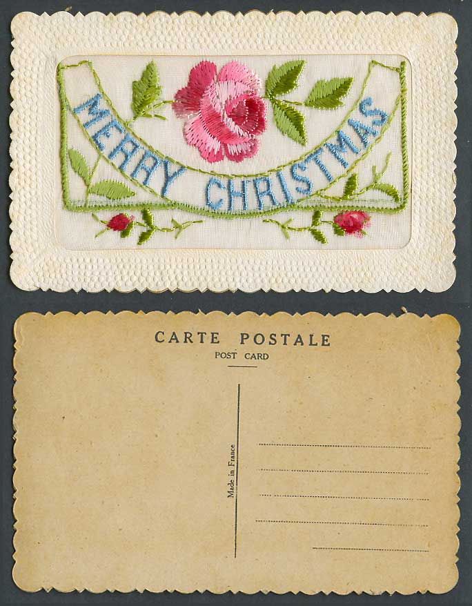 WW1 SILK Embroidered Old Postcard Merry Christmas Greetings Flowers Empty Wallet