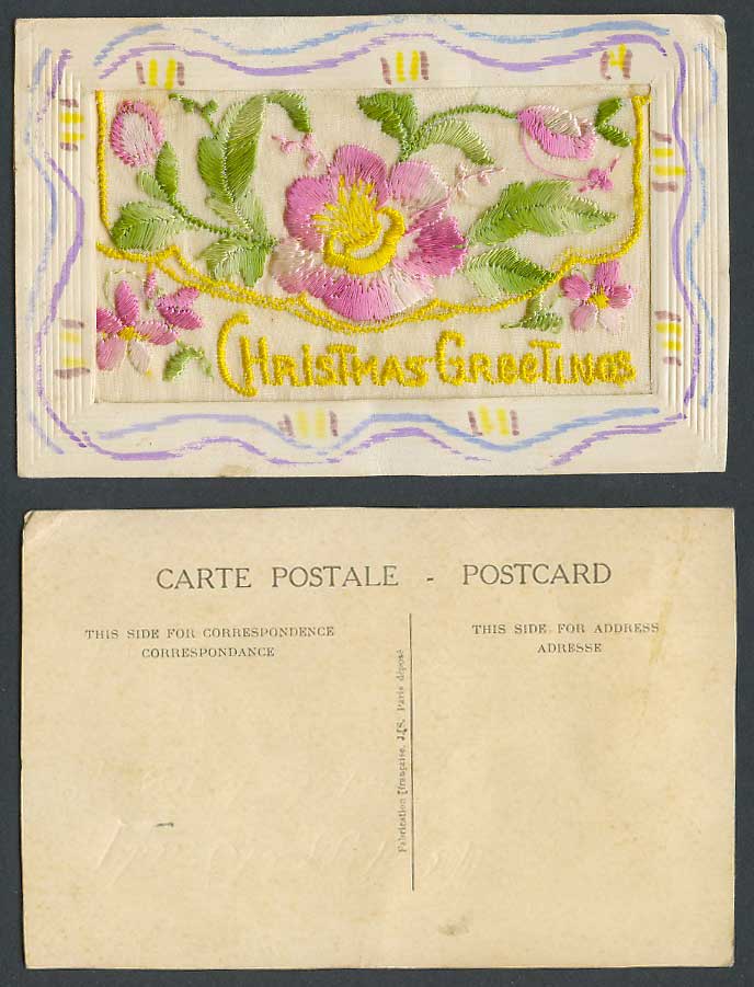 WW1 SILK Embroidered Old Postcard Christmas Greetings, Pink Flowers Empty Wallet