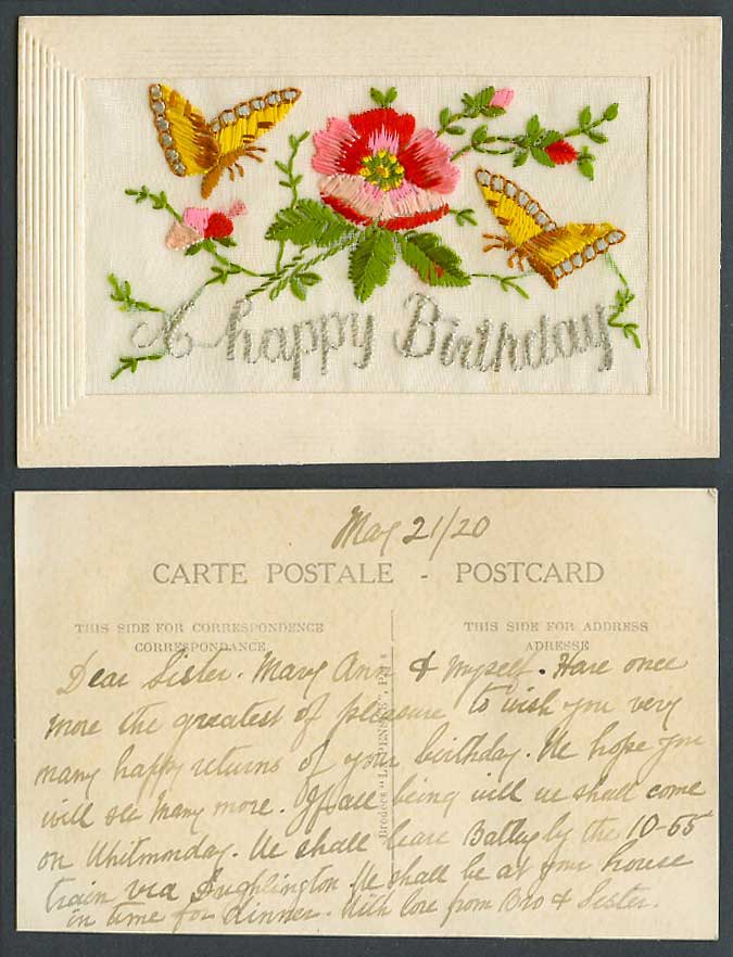 SILK Embroidered 1920 Old Postcard Happy Birthday, Butterfly Butterflies Flowers