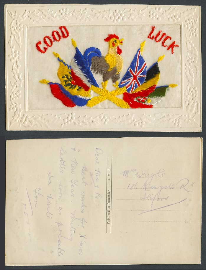 WW1 SILK Embroidered Old Postcard Good Luck, Cock Rooster Bird Allies Flags Flag