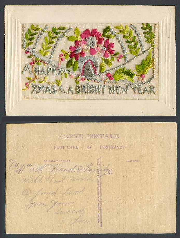 WW1 SILK Embroidered Old Postcard Happy Xmas Bright New Year Flower Empty Wallet