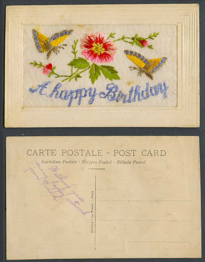 WW1 SILK Embroidered Old Postcard A Happy Birthday Butterfly Butterflies Flowers