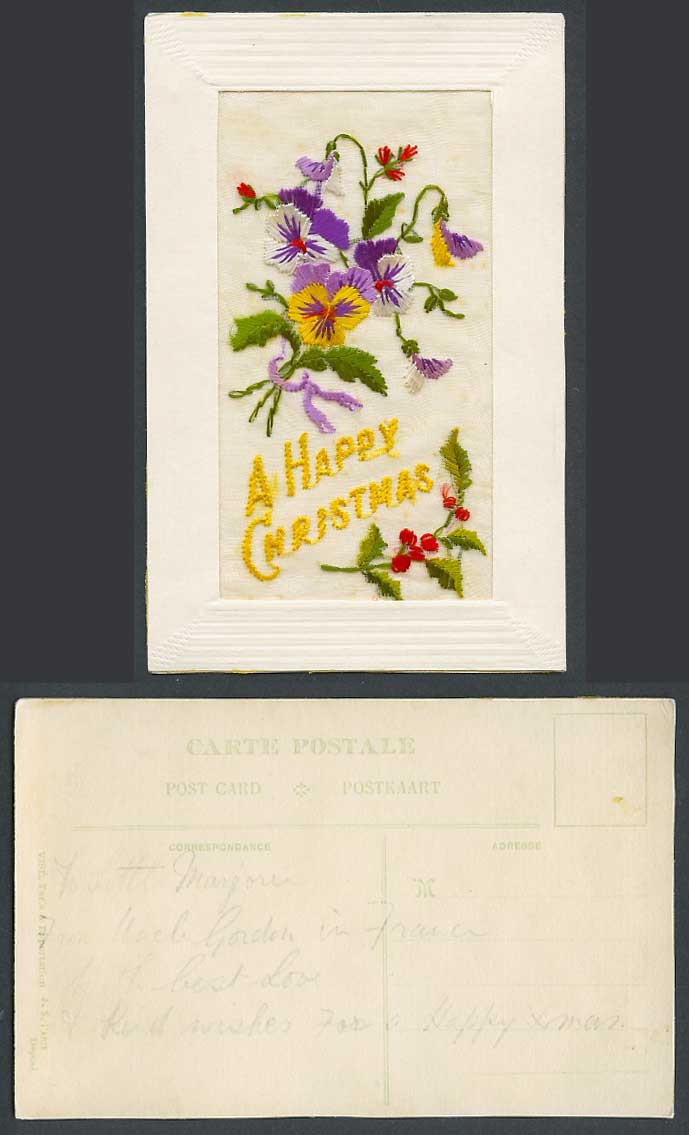 WW1 SILK Embroidered Old Postcard A Happy Christmas, Holly Pansy Flowers Pansies