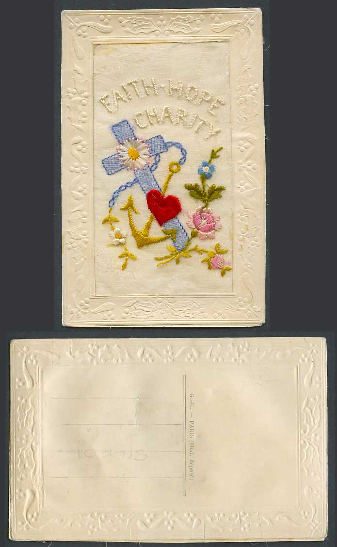 WW1 SILK Embroidered Old Postcard Faith Hope Charity, Cross Anchor Flowers Heart