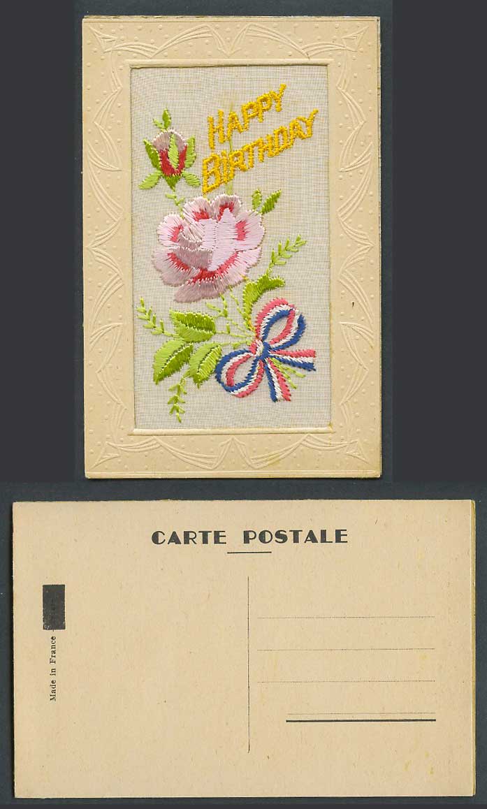 WW1 SILK Embroidered French Old Postcard Happy Birthday Flowers Novelty Greeting