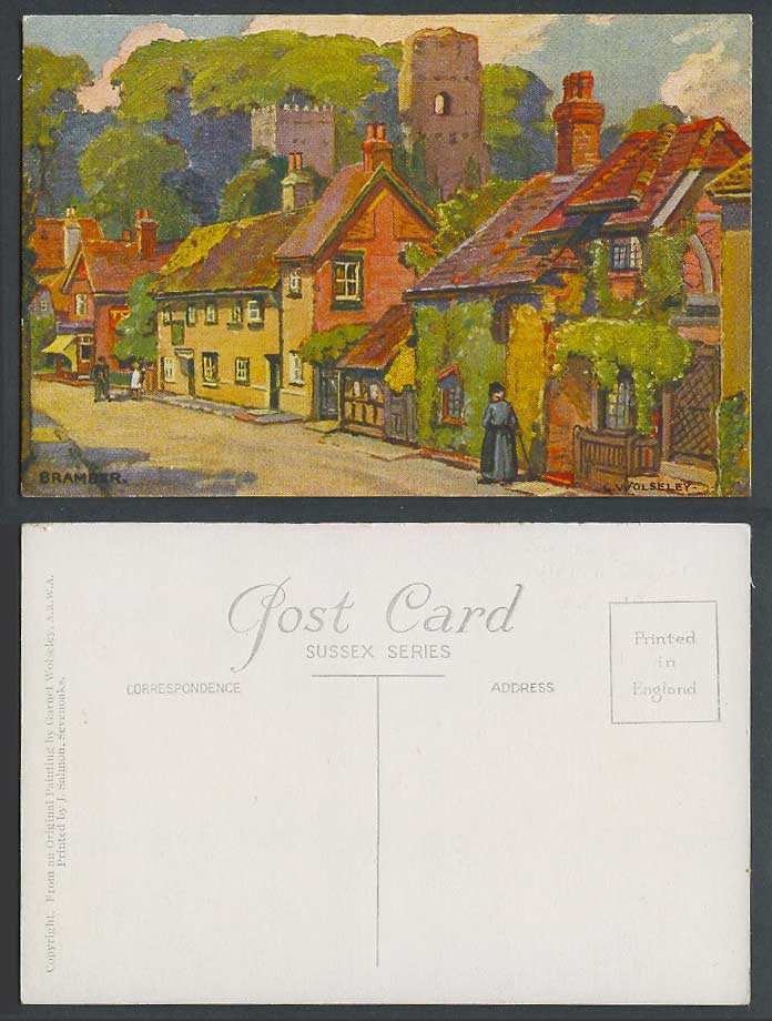 Garnet G. Wolseley Artist Signed Old Postcard Bramber Street Scene Sussex Houses