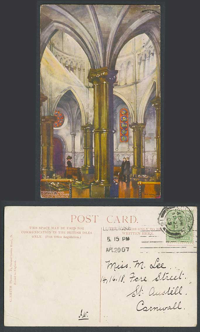 London, Temple Church, Triforium Crusaders Tombs Artist Signed 1903 Old Postcard