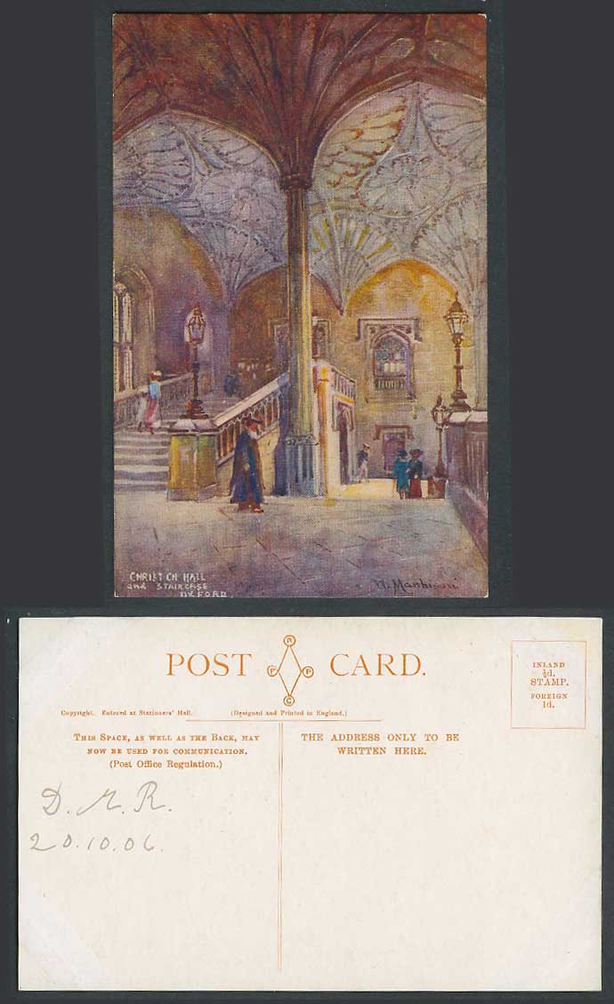 Oxford Christ Church Hall, Staircase W. Manhison Artist Signed 1906 Old Postcard