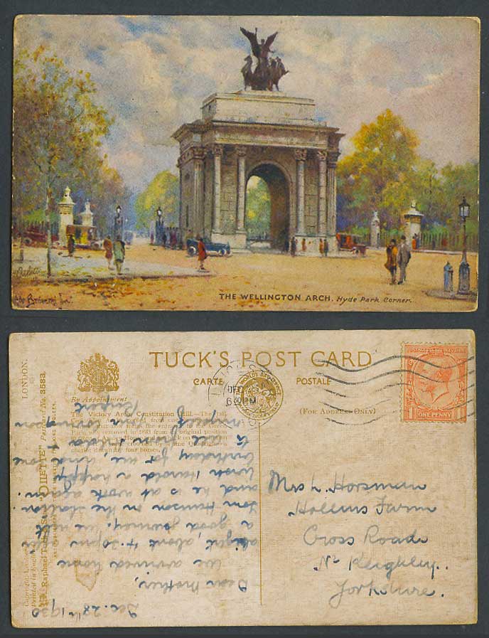 London, Wellington Arch Hyde Park Corner, Artist Signed 1930 Old Tuck's Postcard