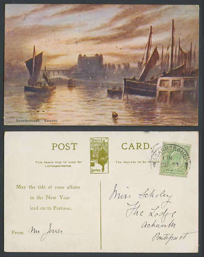 Scarborough Sunset Sailing Boats Ships Harbour Bridge 1904 Old Postcard New Year