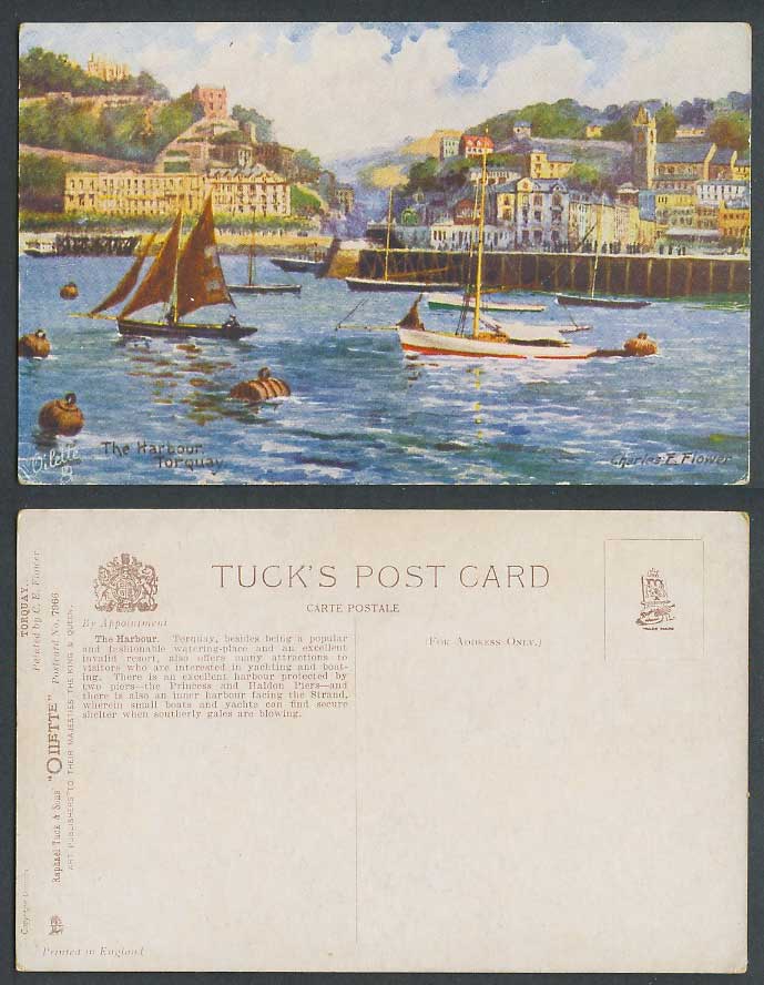 Torquay, The Harbour, Yachts Boats Devon C.E. Flower Old Tuck's Oilette Postcard