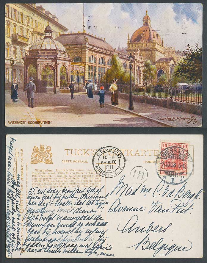 Germany Wiesbaden Kochbrunnen Street, Charles E. Flower 1908 Old Tuck's Postcard