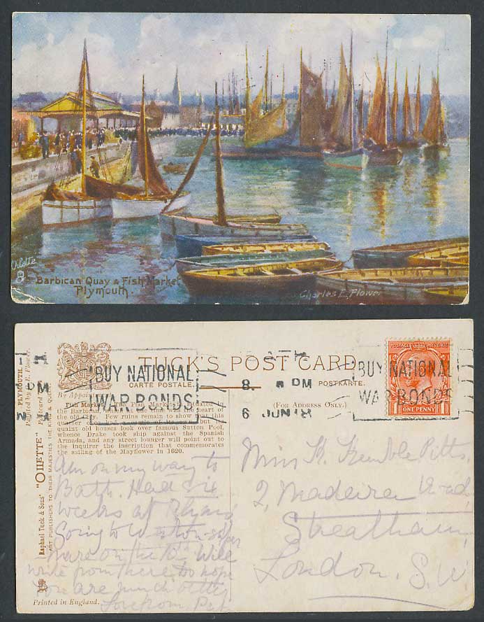 Plymouth Barbican Quay Fish Market Fishing Boat 1918 Old Tuck's Oilette Postcard