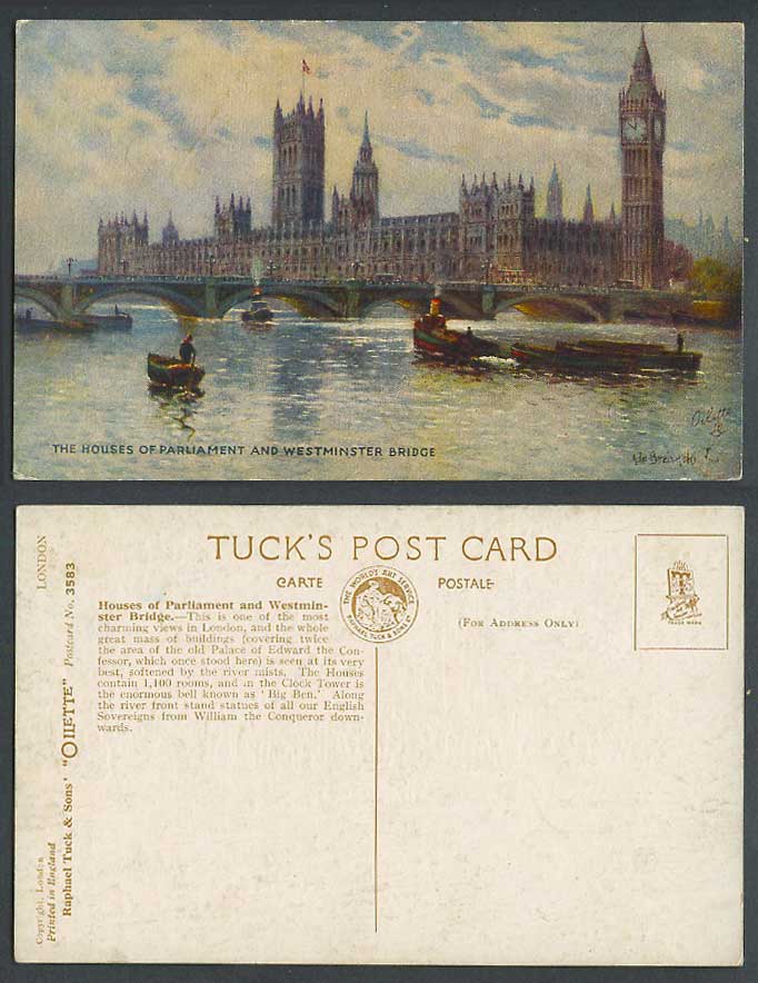 London, Houses of Parliament and Westminster Bridge Old Tuck's Oilette Postcard