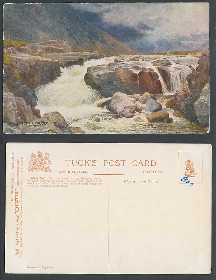 Argyllshire River Coe by Sutton Palmer, Water Falls, Rocks Old Tuck's Postcard