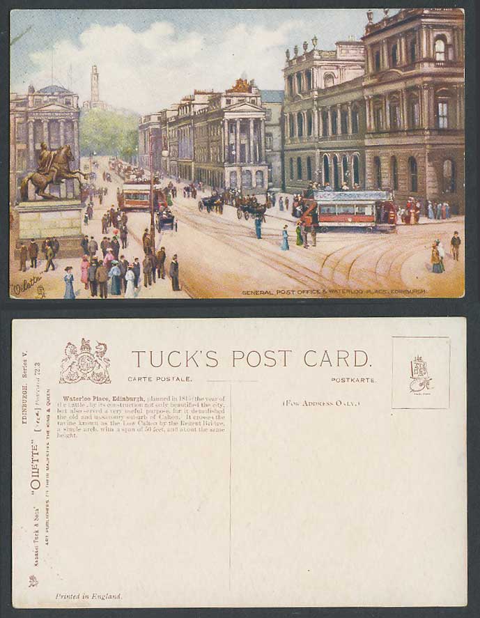 Edinburgh General Post Office Waterloo Place TRAM St Old Tuck's Oilette Postcard