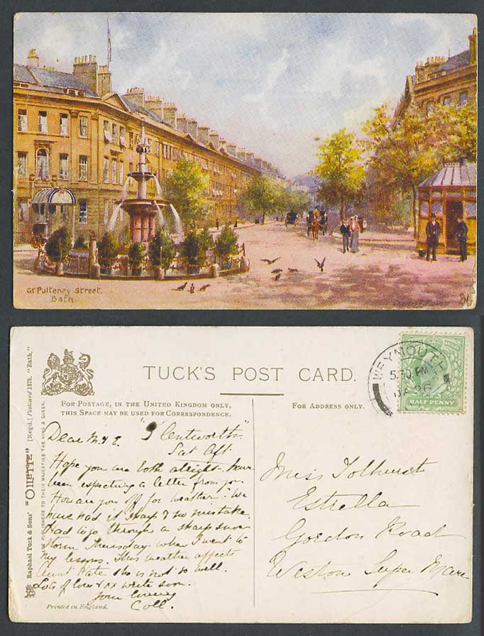 Bath, Great Gt. Pulteney Street Scene Charles E. Flower 1907 Old Tuck's Postcard