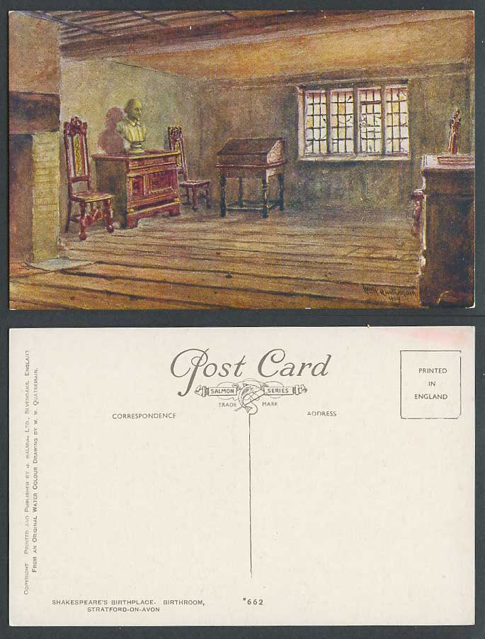 W W Quatremain Old Postcard Shakespeare's Birthplace Birthroom Stratford-on-Avon