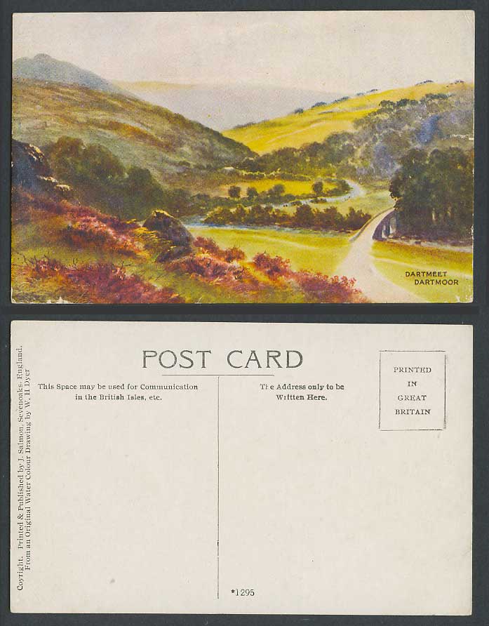 W.H. Dyer Artist Drawn, Dartmeet Dartmoor Devon, Hills Bridge River Old Postcard