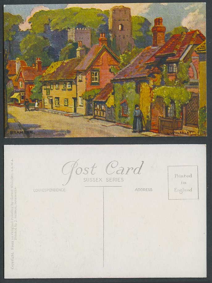 Garnet G. Wolseley Artist Signed Old Postcard Bramber, Sussex, Street and Houses