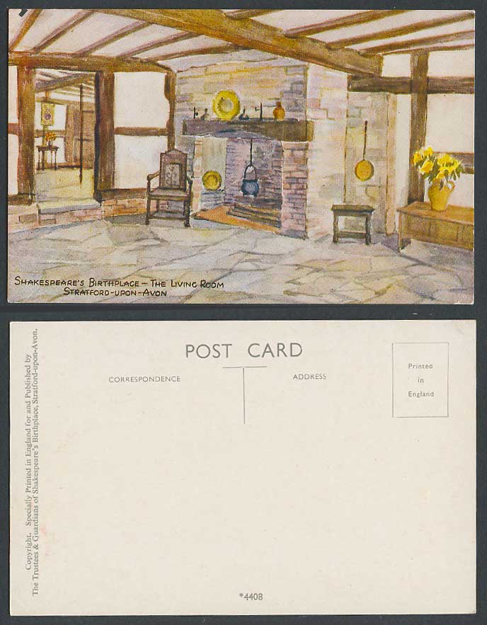 Stratford-upon-Avon Shakespeare's Birthplace Living Room Art Drawn Old Postcard