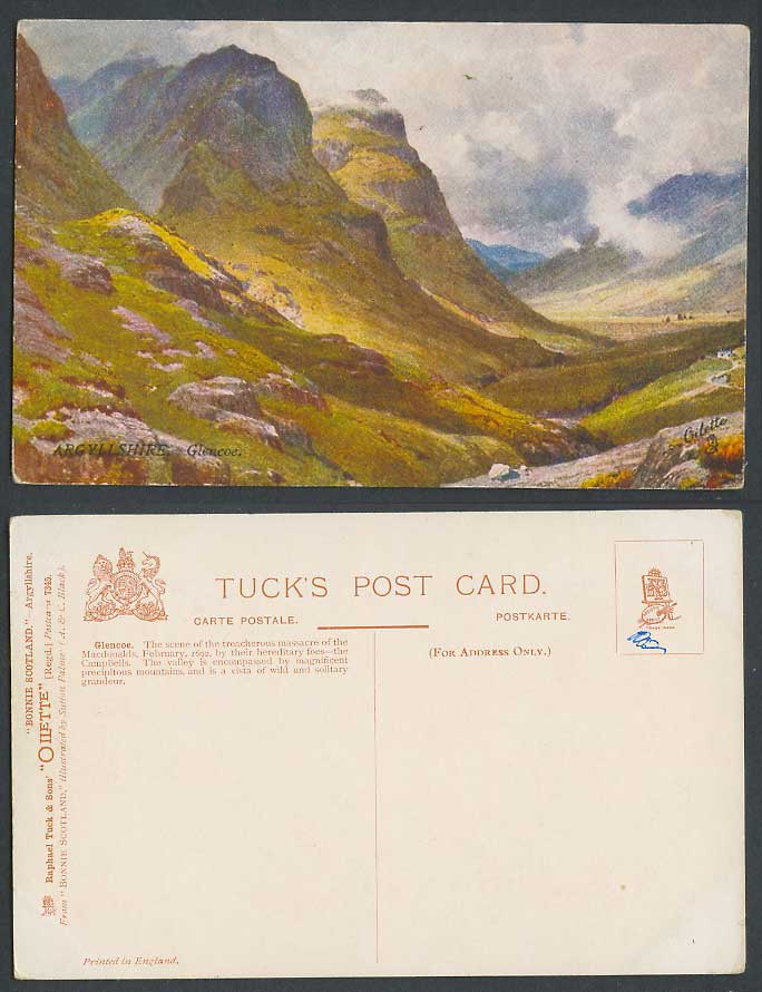 Argyllshire Glencoe by Sutton Palmer Bonnie Scotland Old Tuck's Oilette Postcard