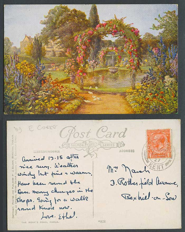 C. Essenhigh Corke, Knole Monk's Pond Fountain Gardens Flowers 1927 Old Postcard