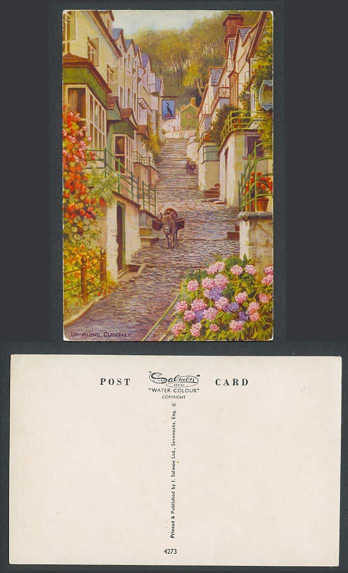 Clovelly Devon Old Art Artist Drawn Postcard Up-Along Donkey High Street Flowers