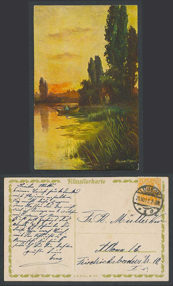 Werner Meier Artist Signed Fisherman Fishing, Boat, German 1917 Old ART Postcard