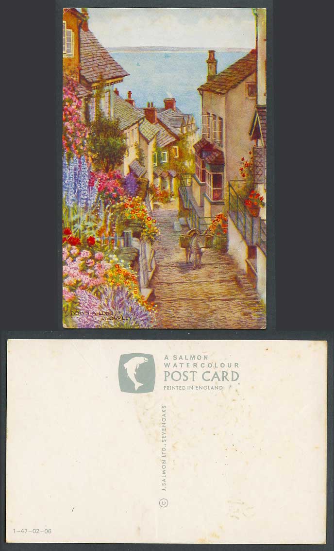 Donkey Devon Old Art Drawn Colour Postcard CLOVELLY Down-A-Long Sea View Flowers