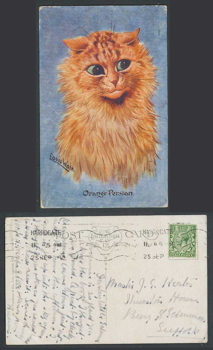 LOUIS WAIN Artist Signed Orange Persian Cat Kitten 1915 Old Postcard CW Faulkner